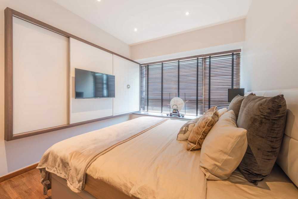 Asian Bedroom with Parquet Floor and Bedside Table