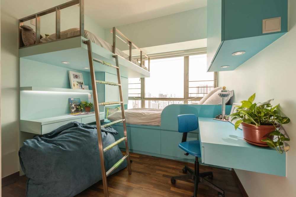 Asian Kids Room with Bookshelf and Built-in Bed