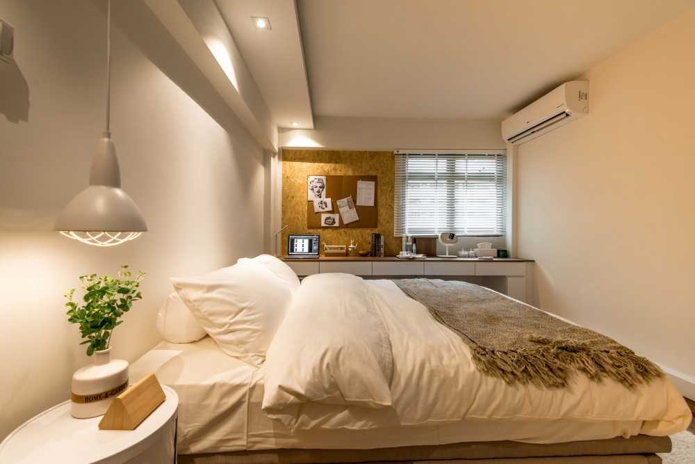 Scandinavian Bedroom with Cove Lighting and Queen Bed