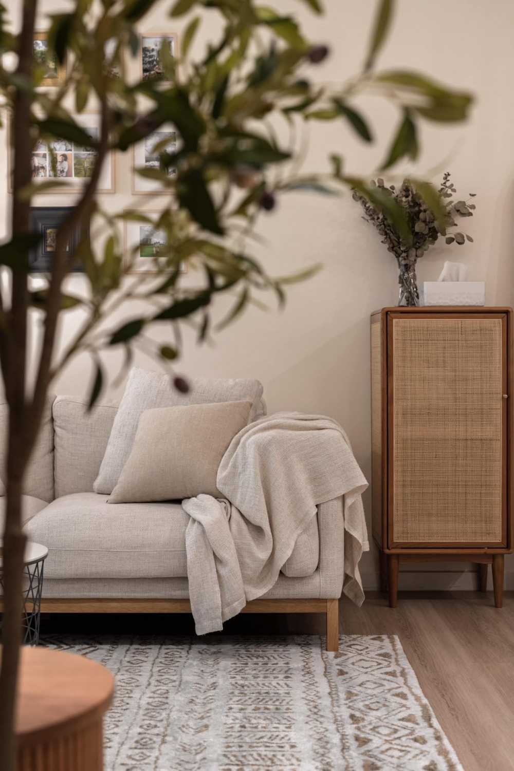 Scandinavian Living Room with Bookshelf and Vinyl Flooring