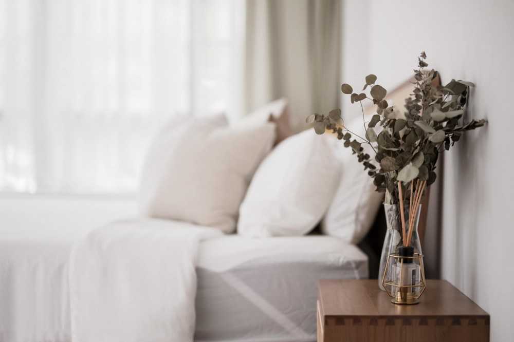 Scandinavian Bedroom with Bookshelf and Platform Bed