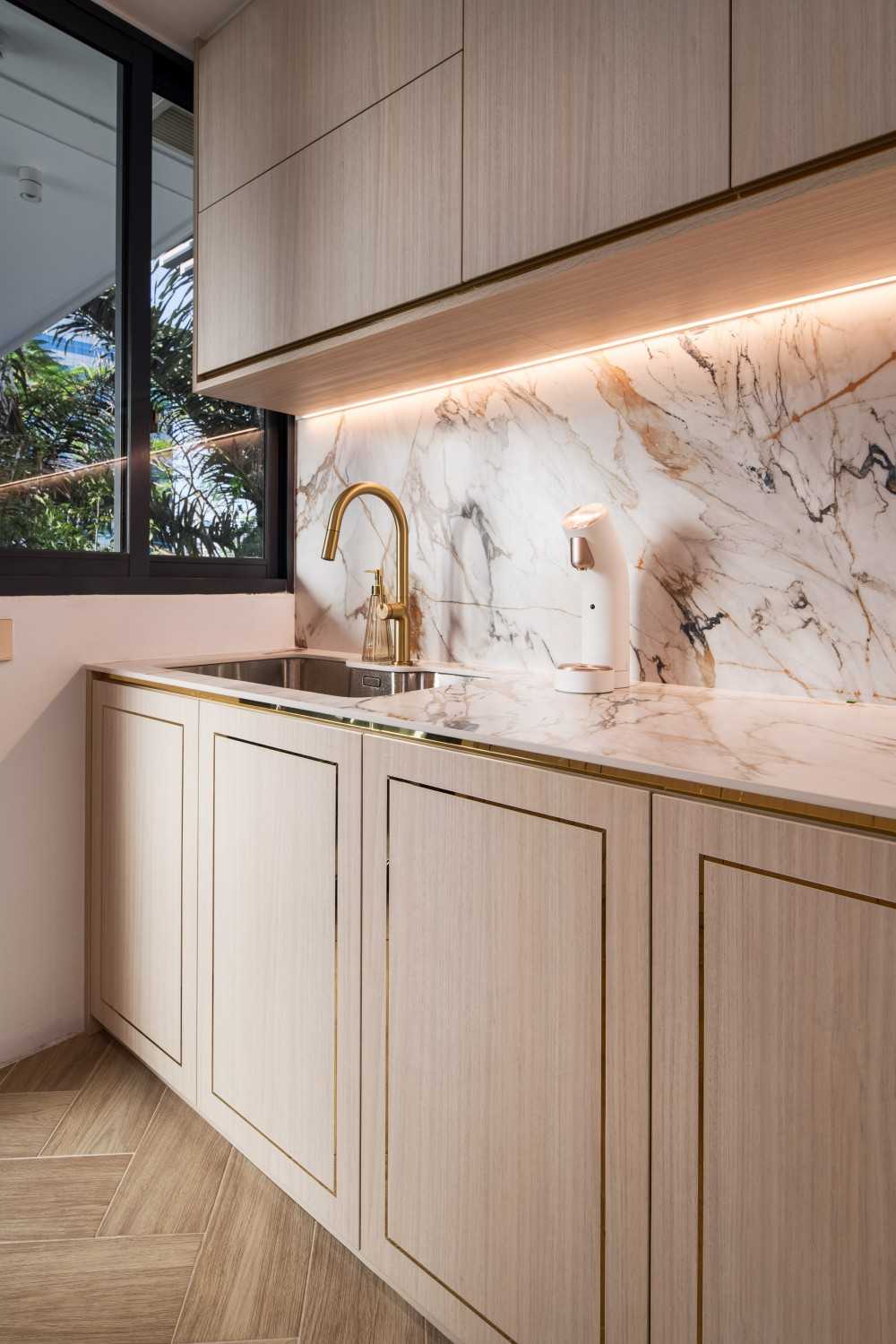 Modern Kitchen with Countertop and Herringbone Tiling