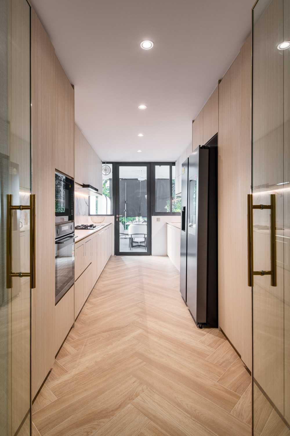 Modern Kitchen with Countertop and Herringbone Tiling