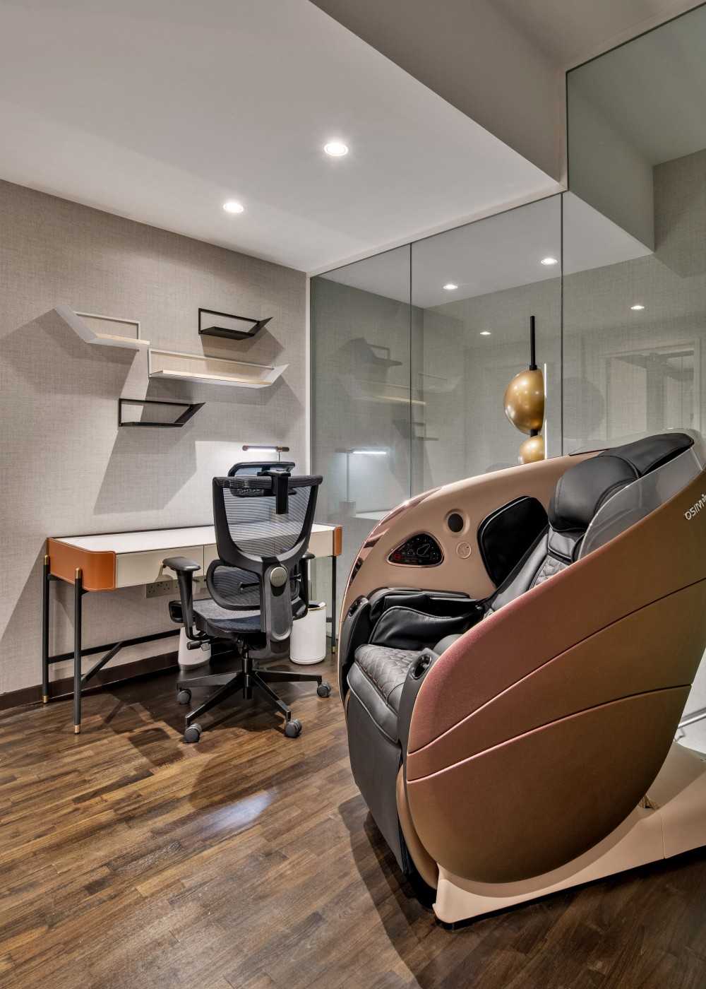 Modern Home Office with Bookshelf and Wallpaper