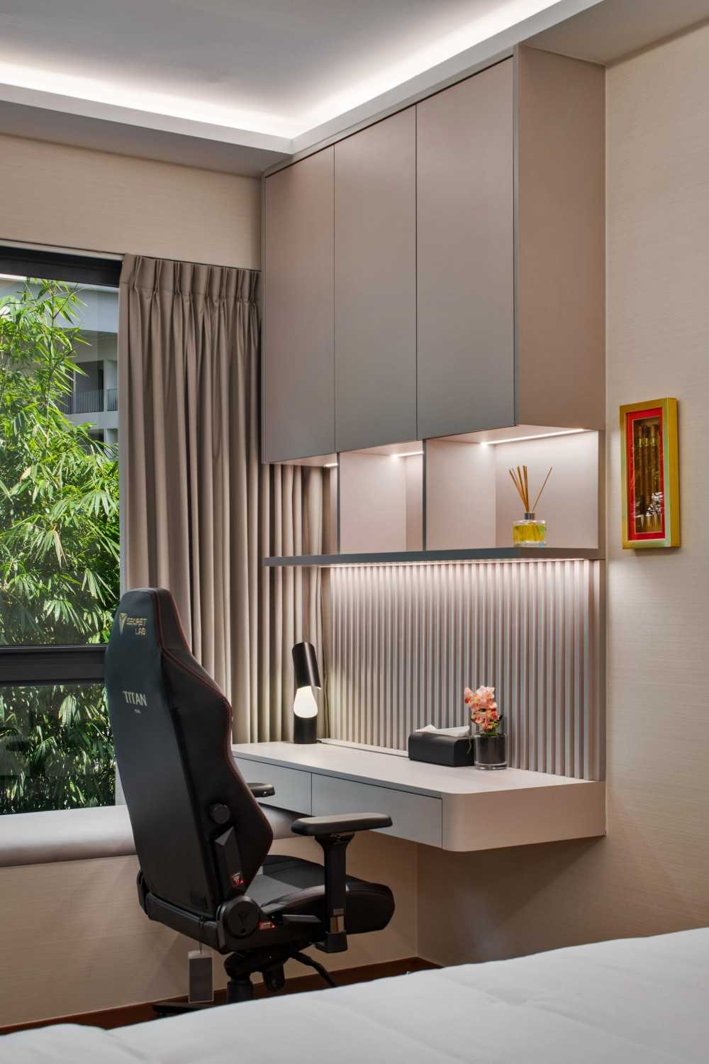 Modern Home Office with Bookshelf and Wallpaper