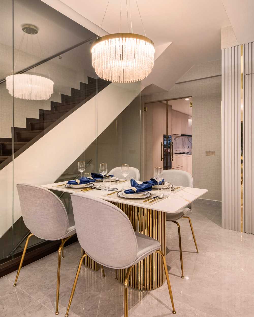Modern Dining Room with Drop Light and Chandelier