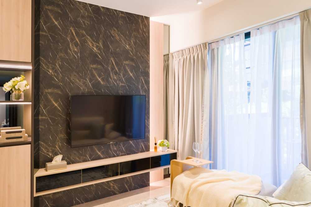 Modern Living Room with Homogeneous Tiles and TV Console