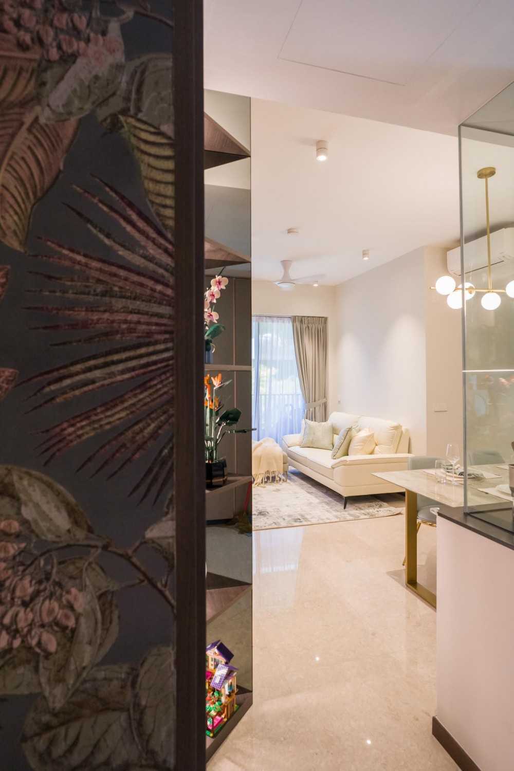 Modern Living Room with Homogeneous Tiles and Wallpaper