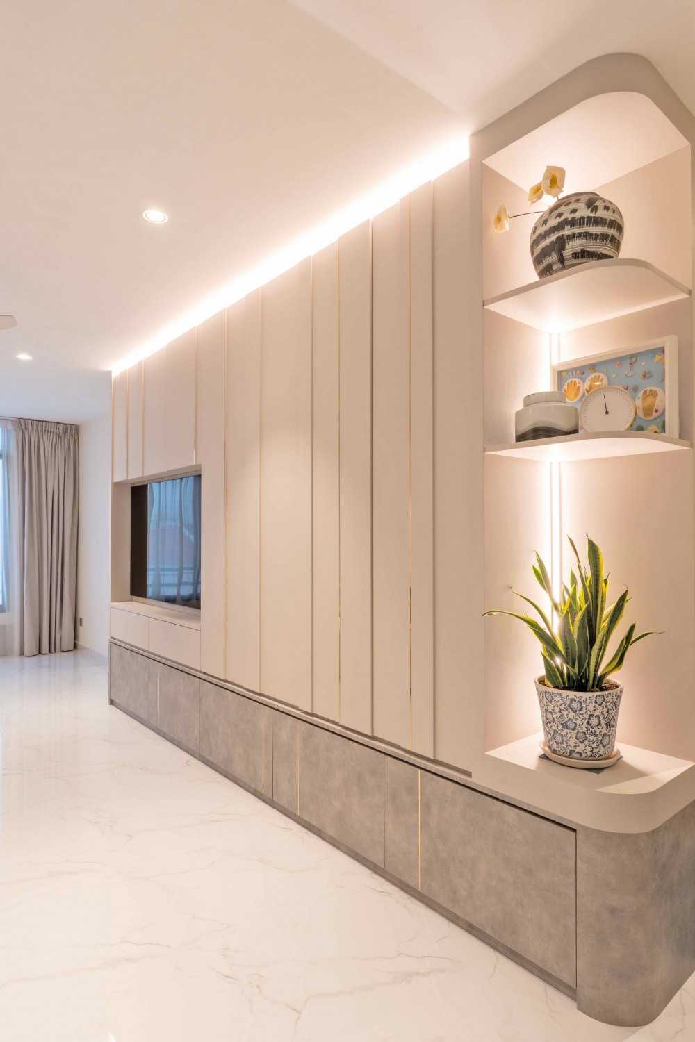 Modern Living Room with Bookshelf and Marble Floor