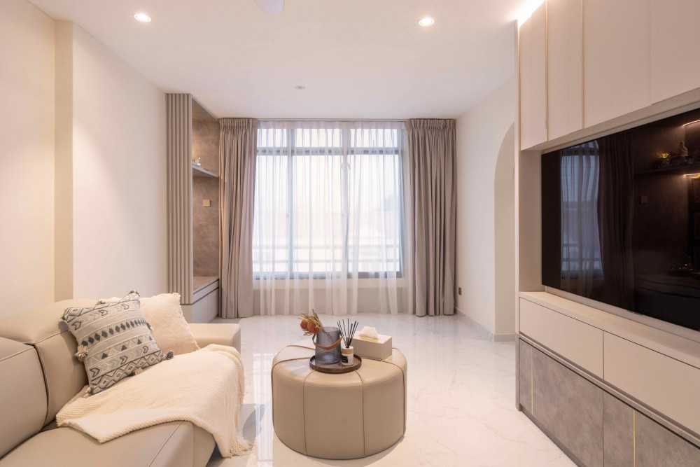 Modern Living Room with Bookshelf and Marble Floor