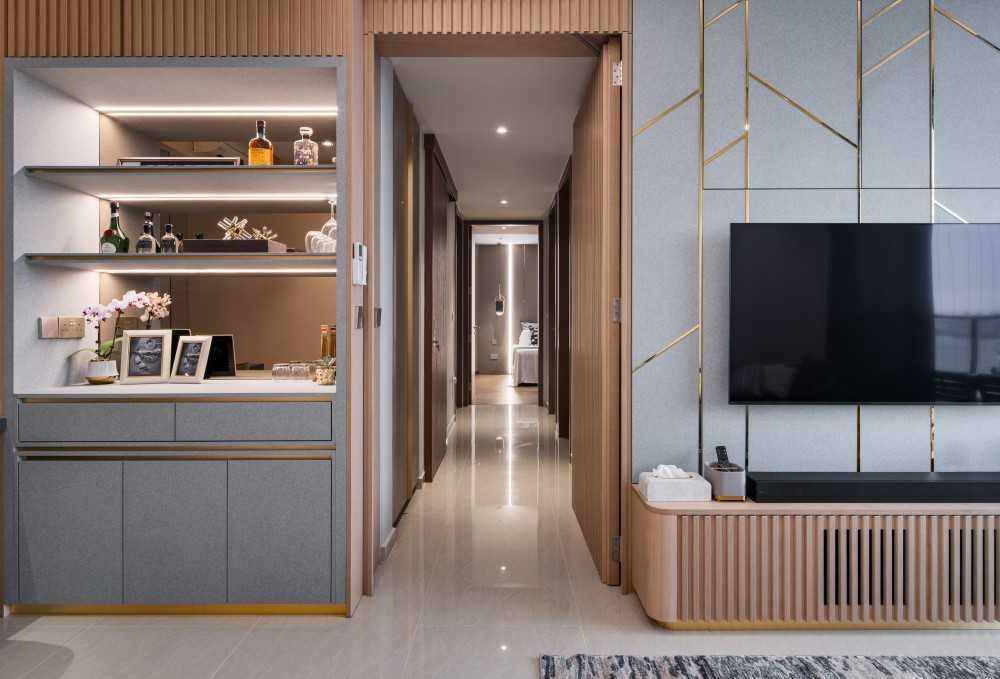 Contemporary Living Room with TV Console and Cove Lighting