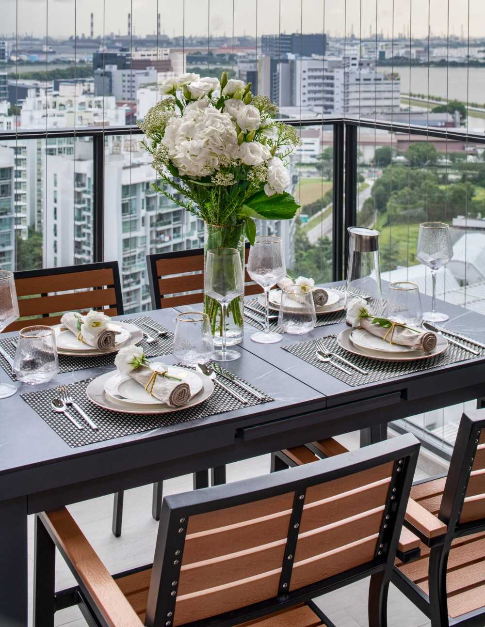 Contemporary Balcony with Window Grille and Outdoor Table