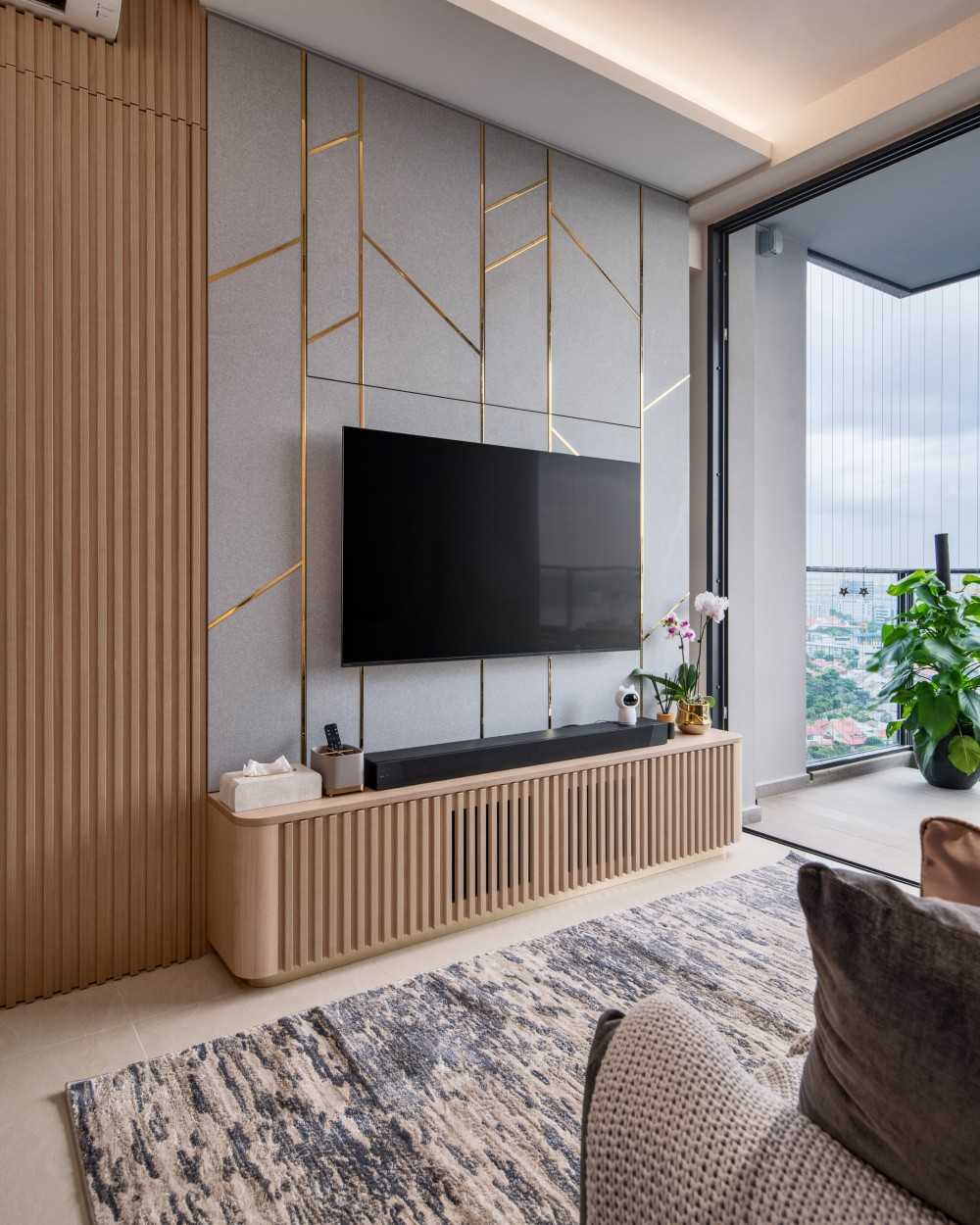 Contemporary Living Room with TV Console and Feature Wall