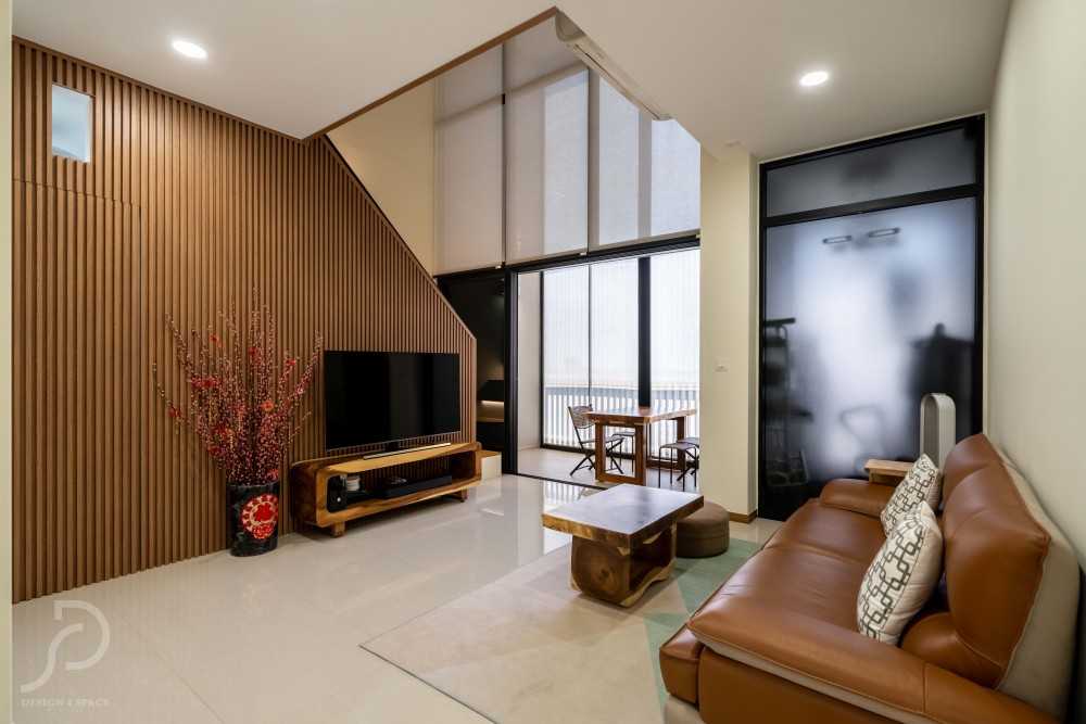 Contemporary Living Room with Wood Flooring and Feature Wall