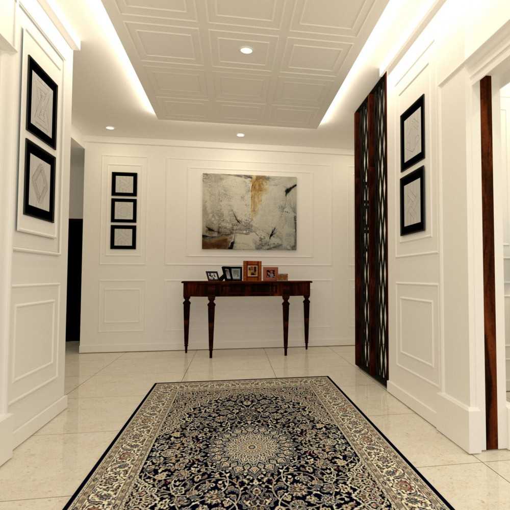 Minimalist Hallway with Bookshelf and Artwork