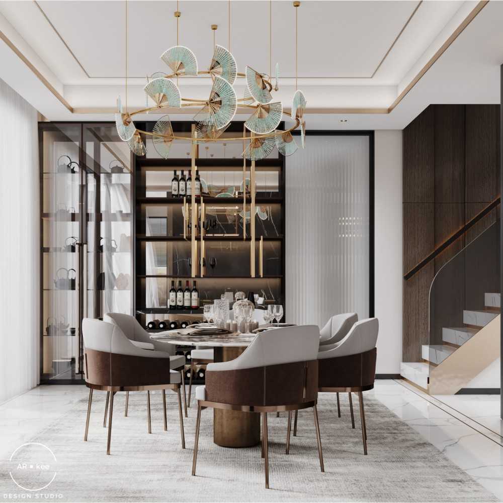 Contemporary Dining Room with Cove Lighting and Chandelier
