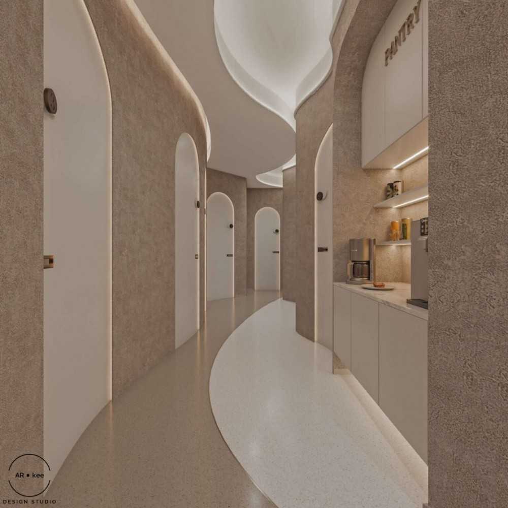 Minimalist Hallway with Bookshelf and Artwork