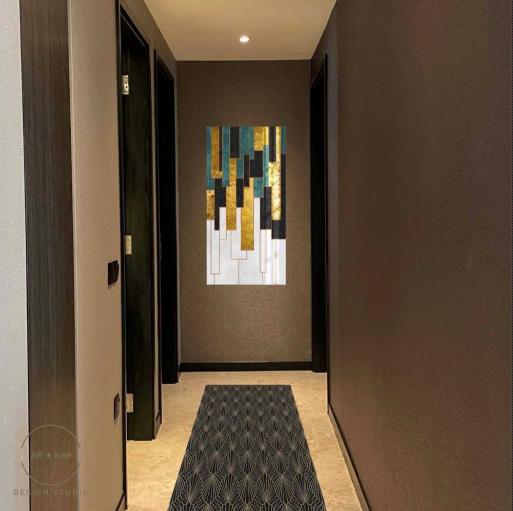 Modern Hallway with Bookshelf and Artwork