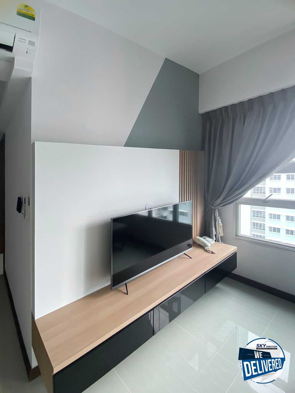 Scandinavian Living Room with TV Console and Feature Wall