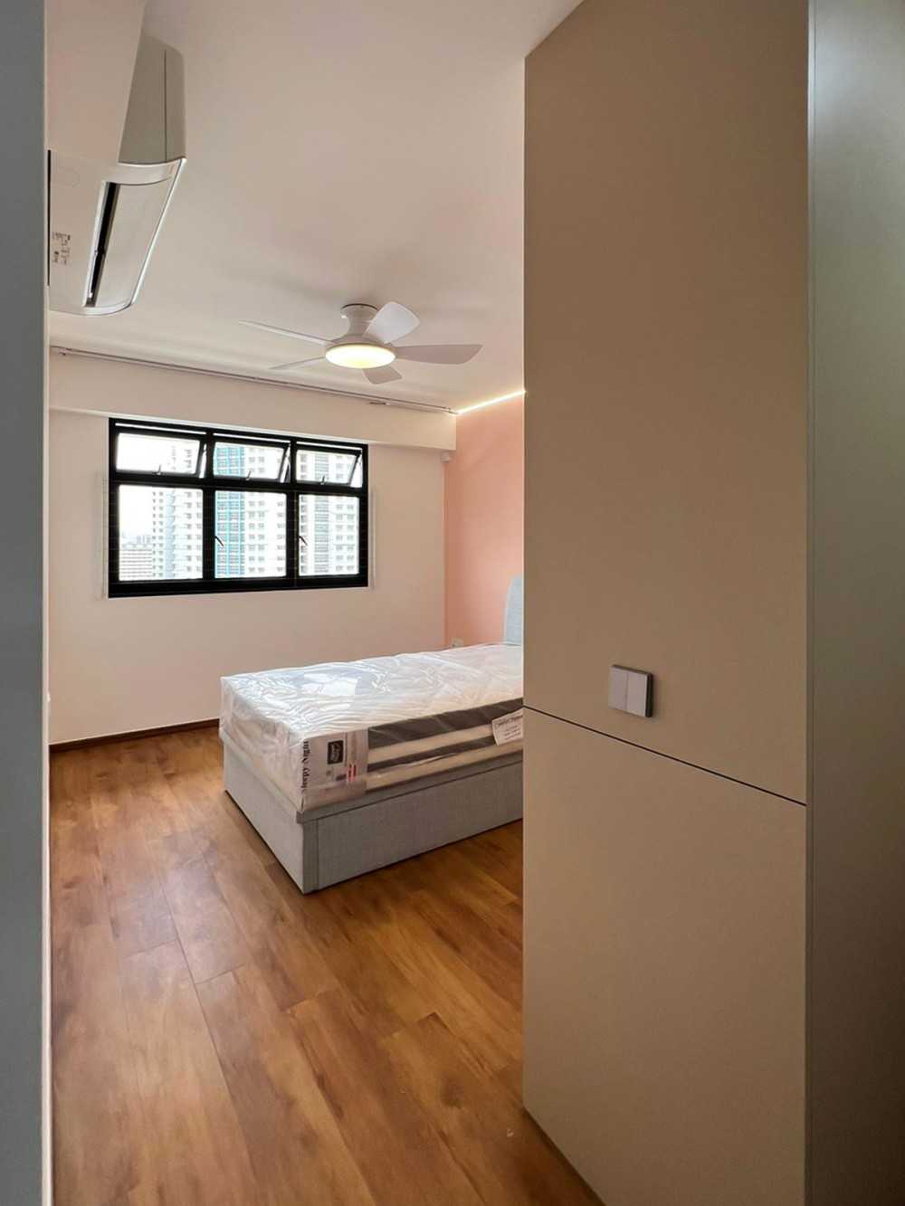 Scandinavian Bedroom with Wardrobe and Window Grille