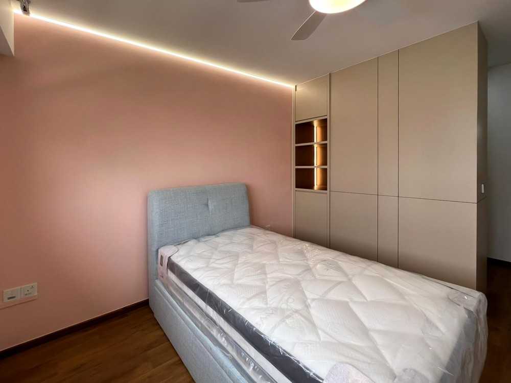 Scandinavian Bedroom with Wardrobe and Paintings