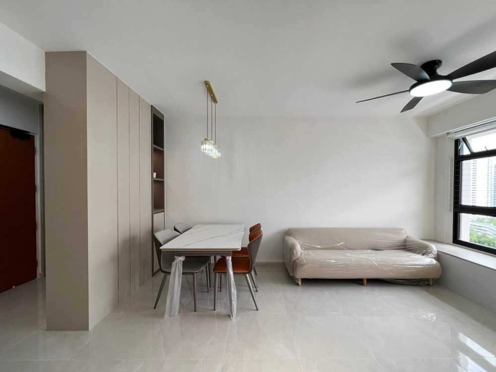 Scandinavian Living Room with Window Seat and Window Grille
