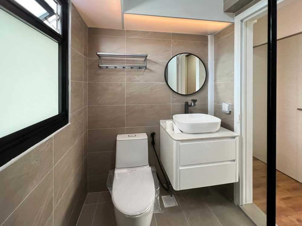 Scandinavian Bathroom with Window Grille and Bathroom Storage