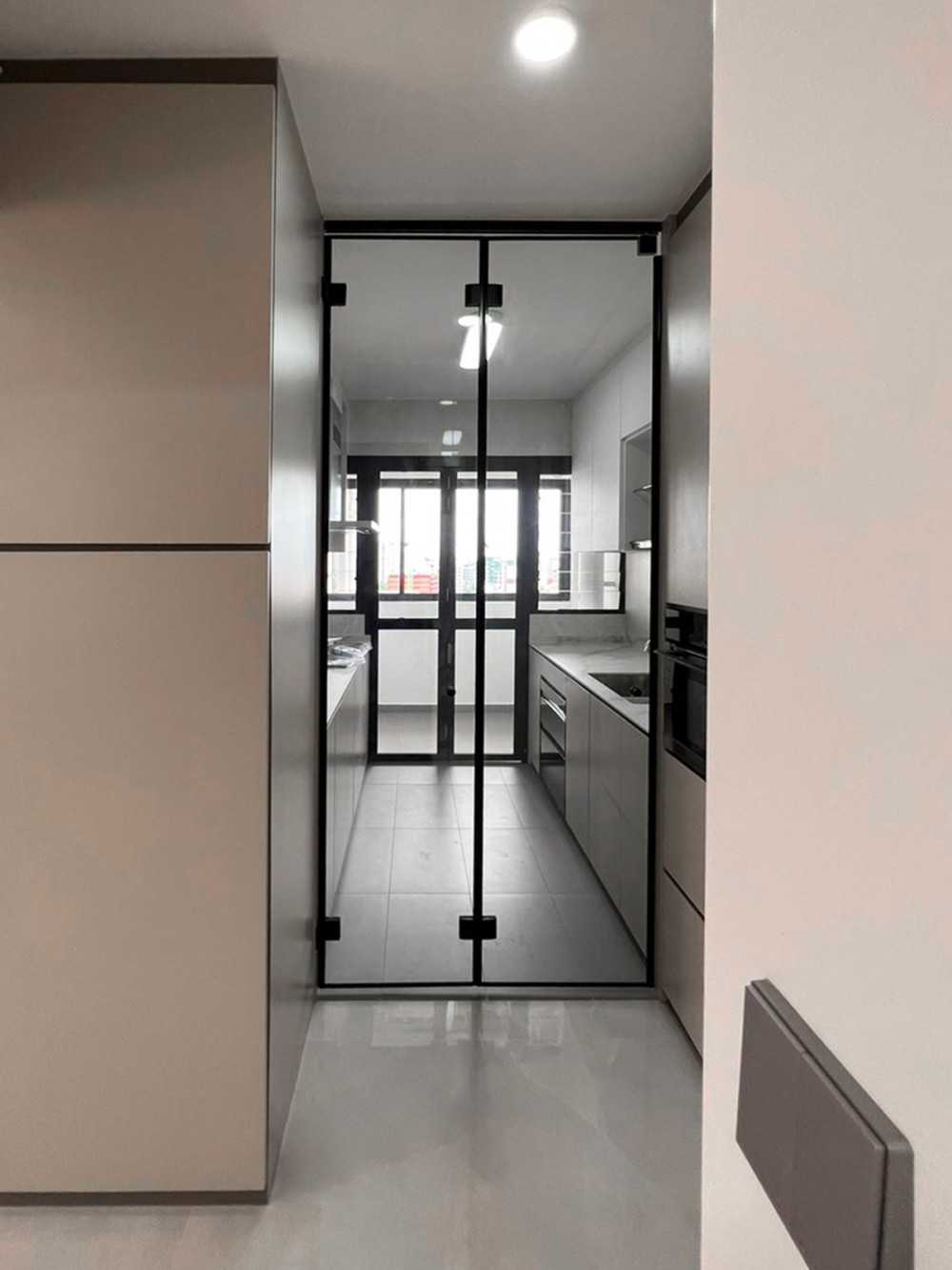 Scandinavian Kitchen with Glass Door and Paintings