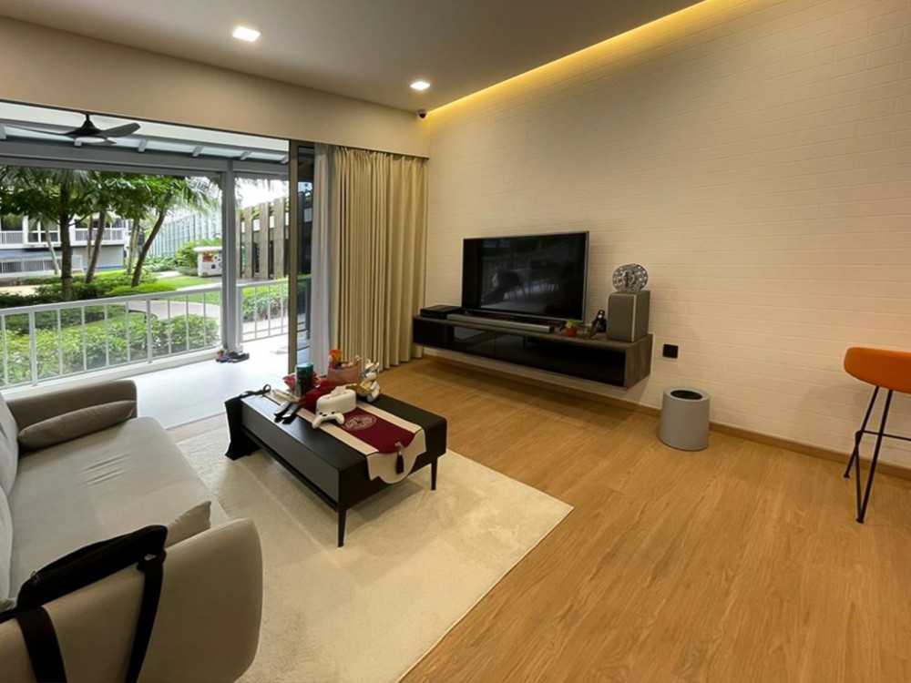 Scandinavian Living Room with TV Console and Glass Door
