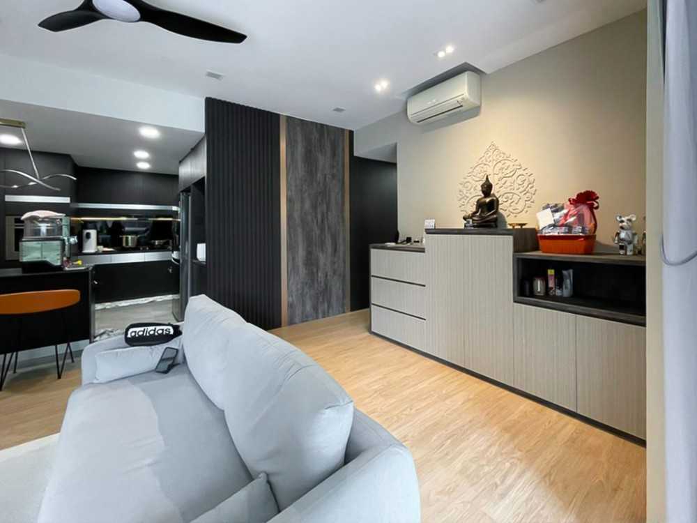 Scandinavian Living Room with Feature Wall and Storage Cabinets