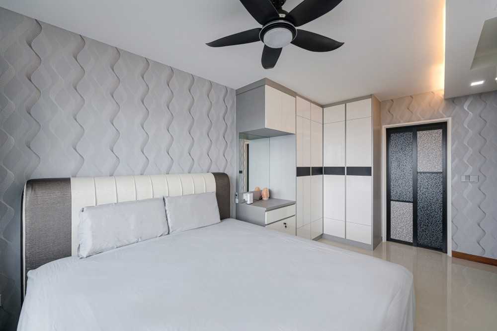Modern Bedroom with Homogeneous Tiles and Cove Lighting