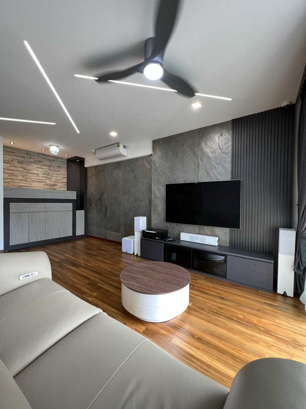 Modern Living Room with Parquet Floor and TV Console