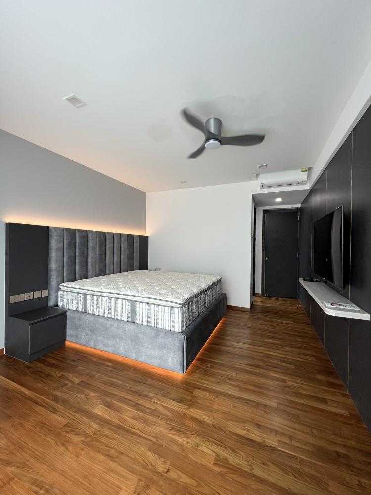 Modern Bedroom with Parquet Floor and Feature Wall