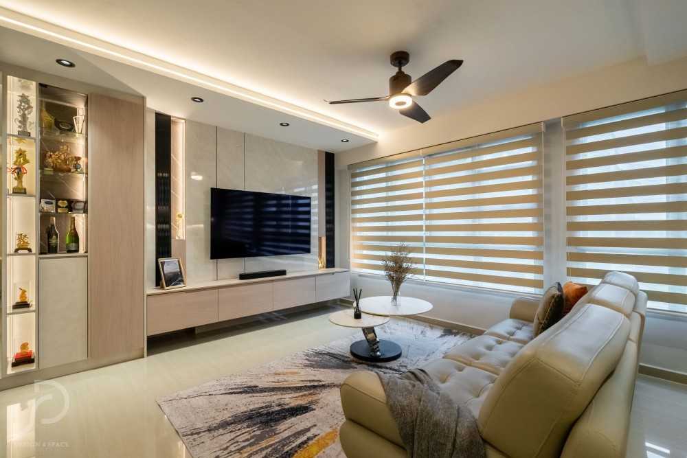 Modern Living Room with Homogeneous Tiles and TV Console