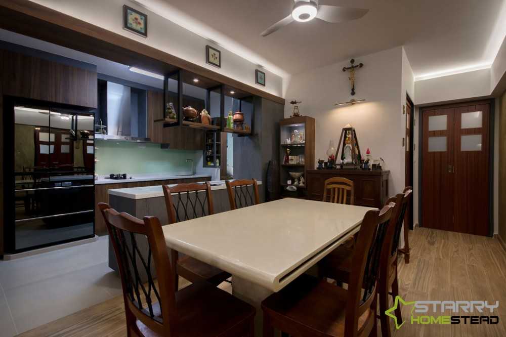 Asian Dining Room with Open Kitchen and Dining Table