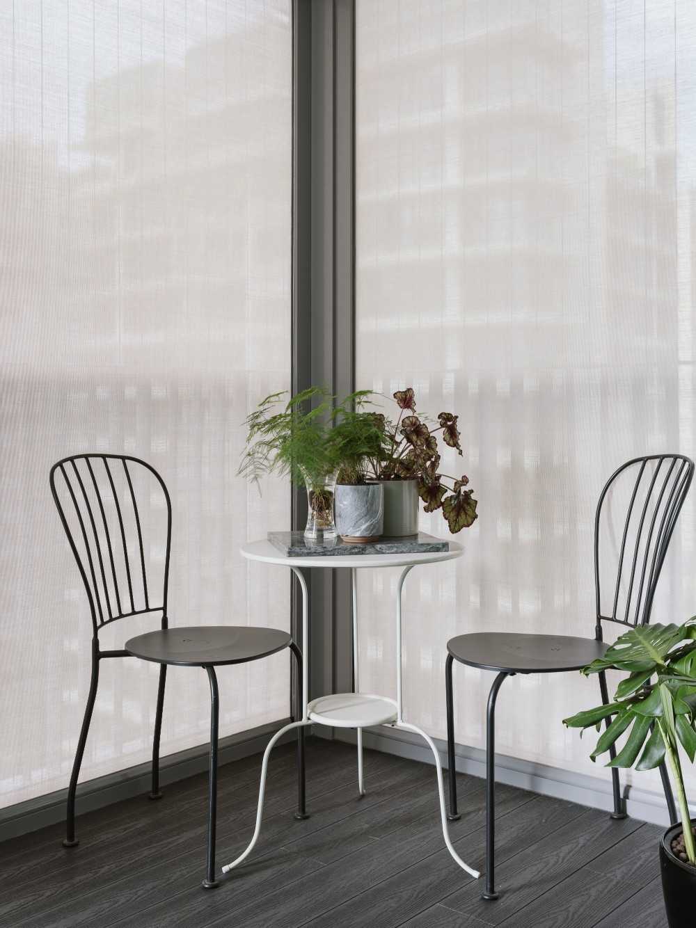 Modern Balcony with Curtain and Outdoor Table