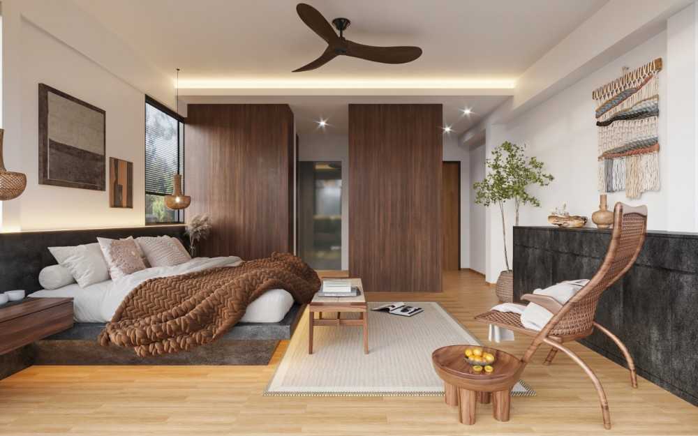 Contemporary Bedroom with Parquet Floor and Cove Lighting