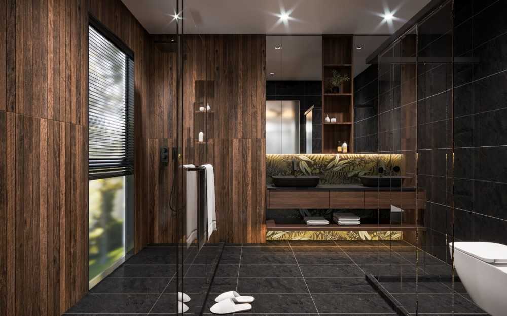 Contemporary Bathroom with Homogeneous Tiles and Rainshower
