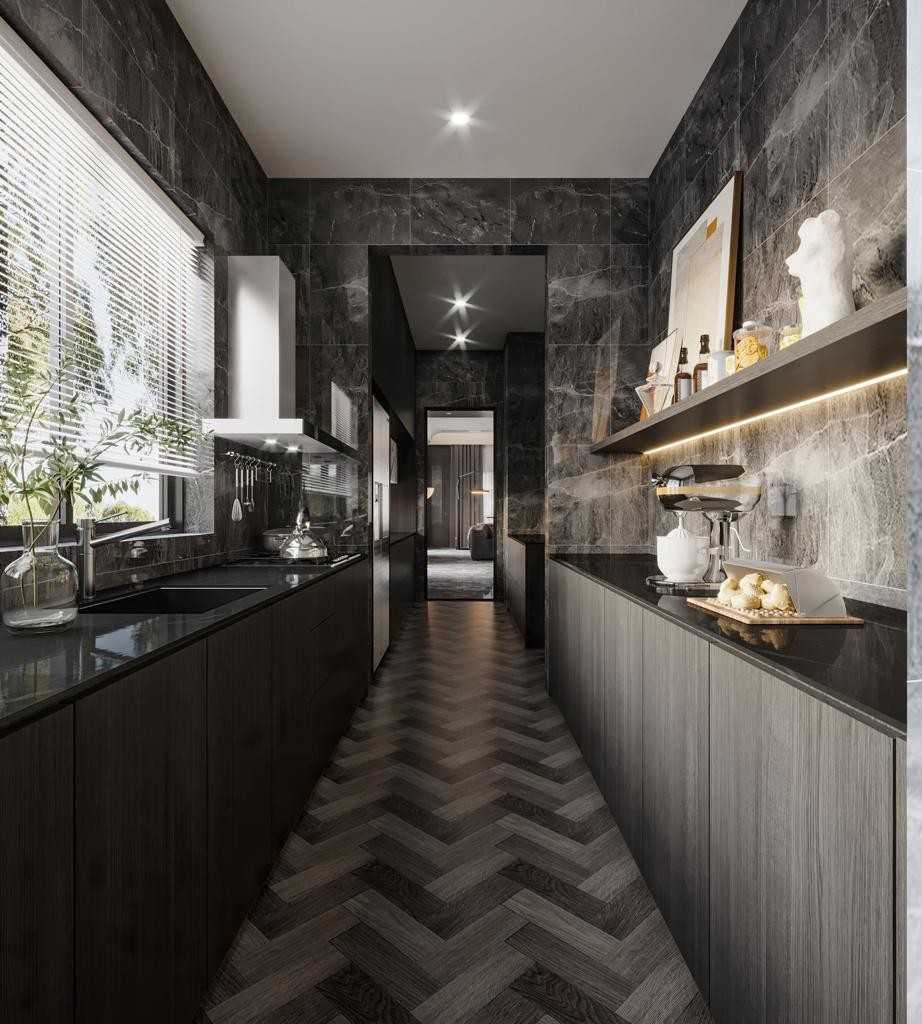 Contemporary Kitchen with Homogeneous Tiles and Herringbone Tiling