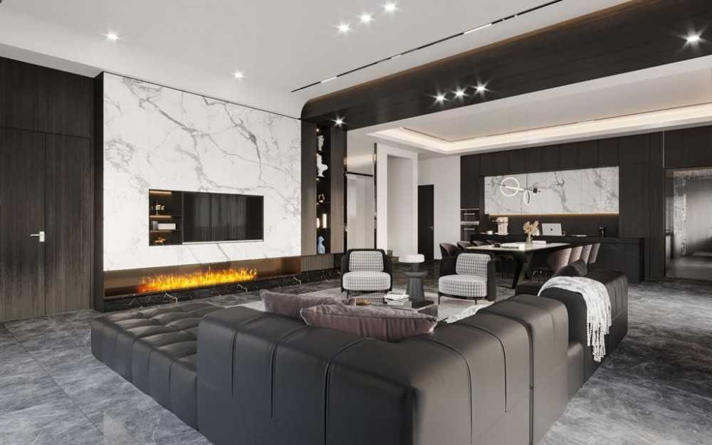Contemporary Living Room with Homogeneous Tiles and Feature Wall