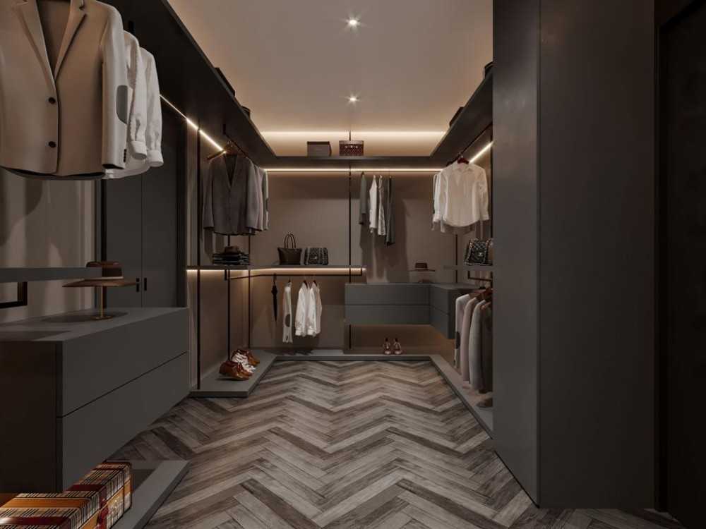 Contemporary Walk-in Wardrobe with Herringbone Tiling and Mirror