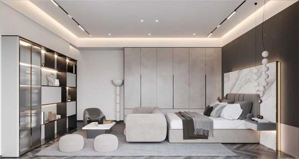 Contemporary Bedroom with Herringbone Tiling and Feature Wall