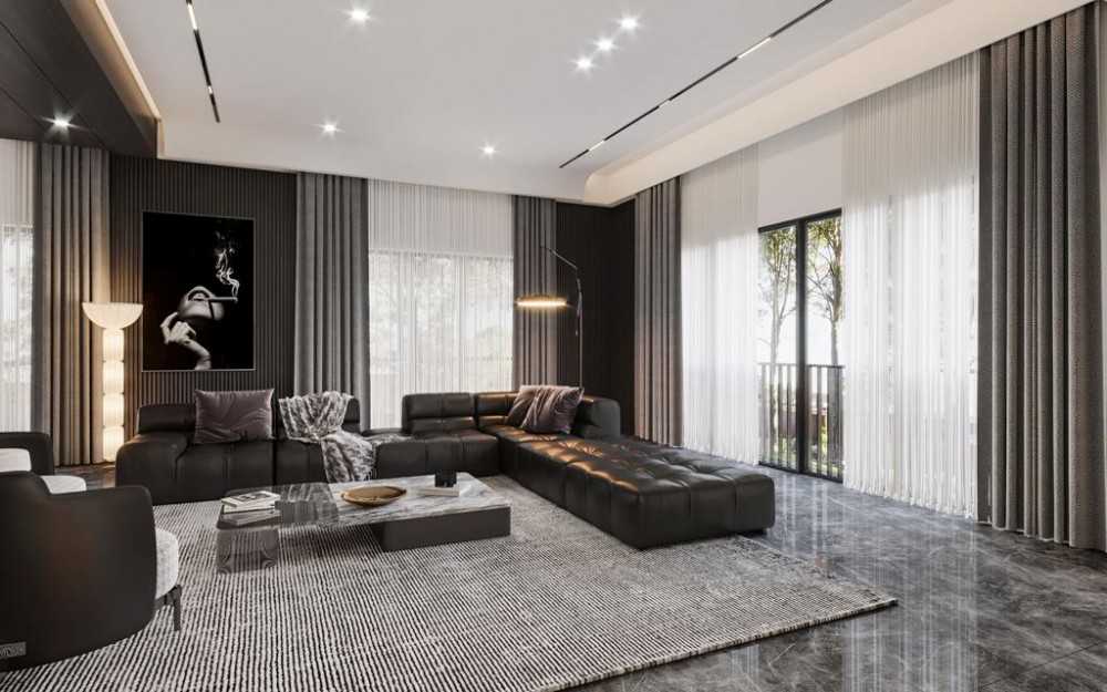 Contemporary Living Room with Homogeneous Tiles and Marble Floor