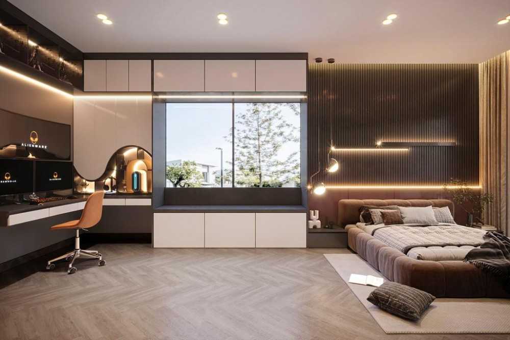 Contemporary Bedroom with Settee and Parquet Floor