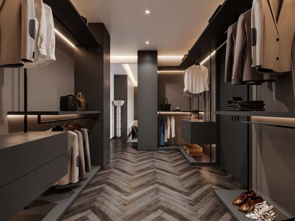 Contemporary Walk-in Wardrobe with Herringbone Tiling and Mirror