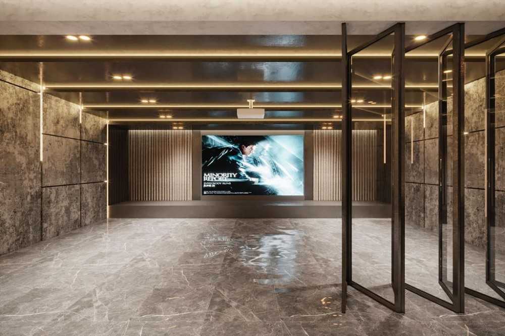 Contemporary Gaming Room with Homogeneous Tiles and Feature Wall