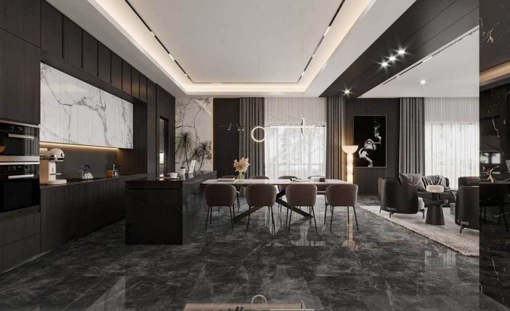 Contemporary Kitchen with Homogeneous Tiles and Kitchen Island