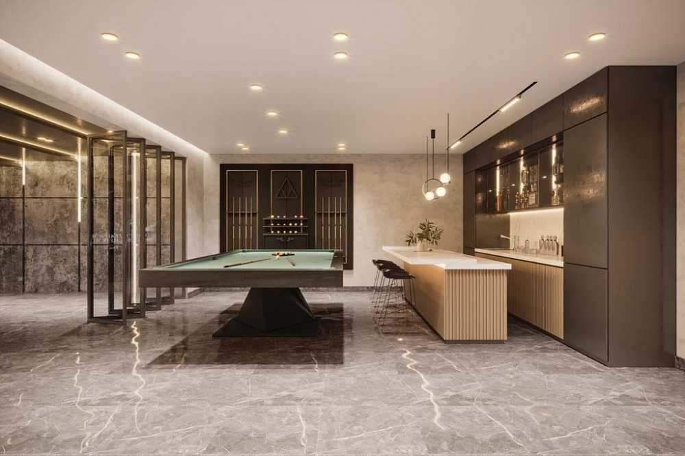 Contemporary Kitchen with Homogeneous Tiles and Kitchen Island