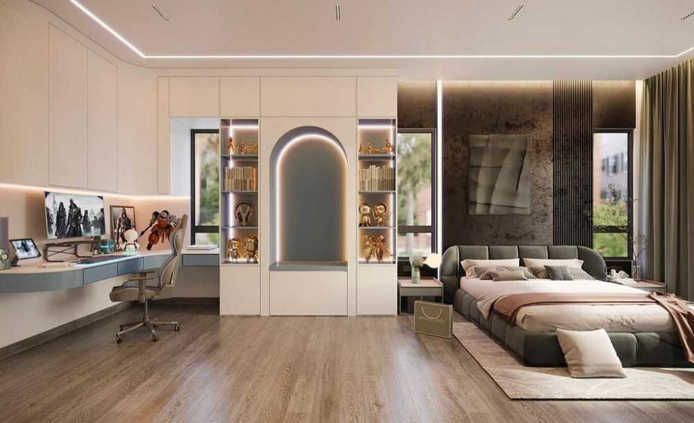 Contemporary Bedroom with Parquet Floor and Drop Ceiling