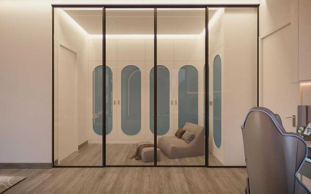 Contemporary Walk-in Wardrobe with Parquet Floor and Drop Light